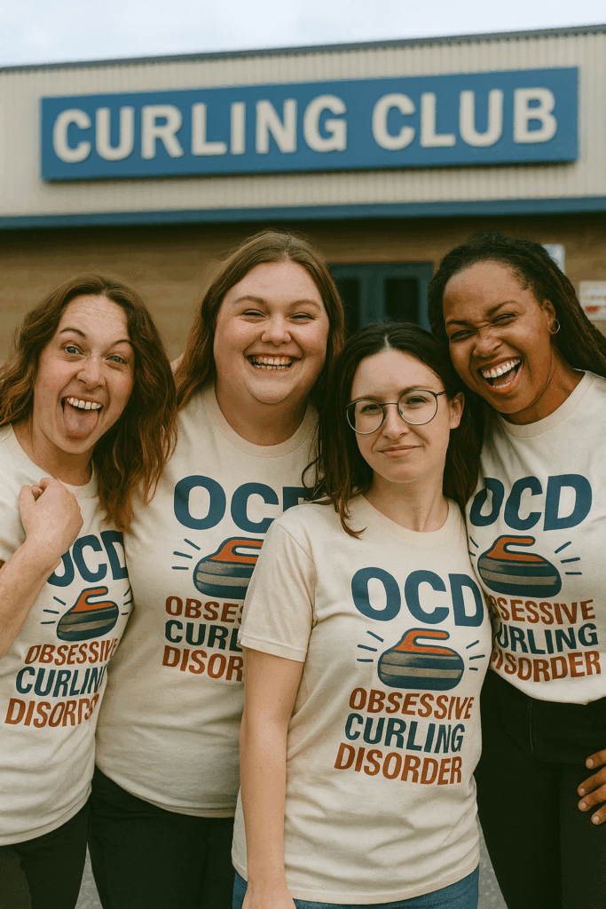 Four smiling curlers wearing funny curling shirts walk onto a freshly pebbled curling sheet, ready for the first game of the season under bright arena lights.