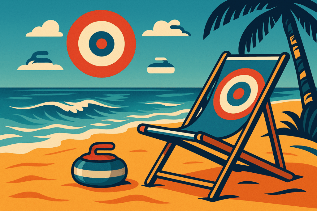 Stylized beach scene featuring a lounge chair printed with a curling house target, a curling stone on the sand, and a curling house sun over the ocean — merging summer relaxation with curling culture.