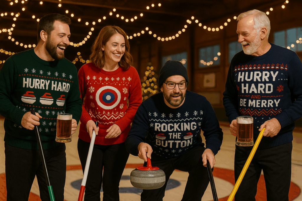 Four curlers in colorful Christmas sweaters and Santa hats laughing on the ice, surrounded by string lights and beer mugs in a cozy, festive curling club.