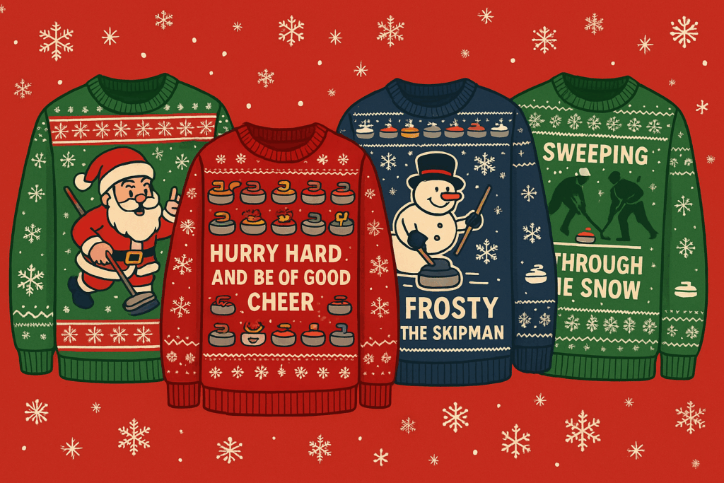 Four holiday curling shirts designed like ugly Christmas sweaters with curling stones, Santa, and Frosty sweeping on ice.