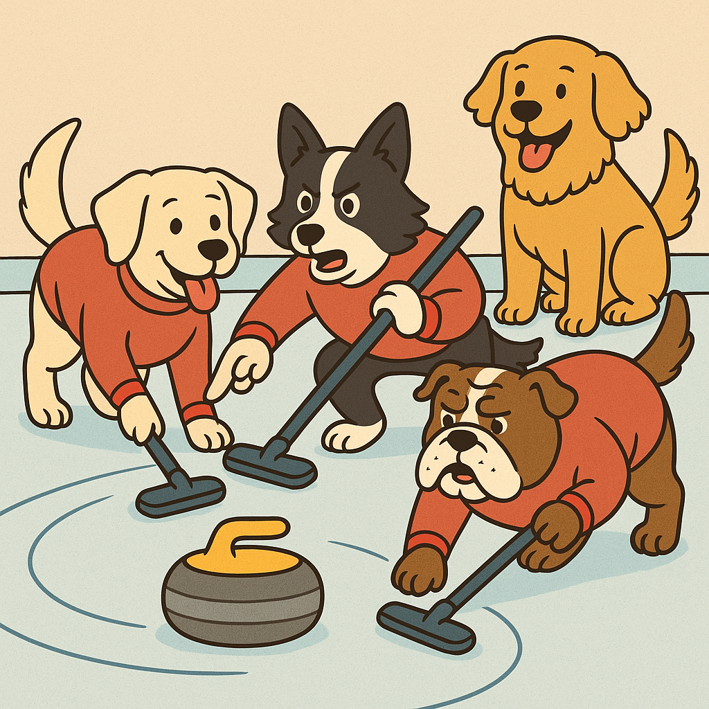 Cartoon illustration of four dogs curling on ice — a Border Collie skip calling the shot, a Labrador Retriever and Bulldog sweeping, and a Golden Retriever cheering as a fan. Whimsical curling humor artwork for dog-loving curlers.
