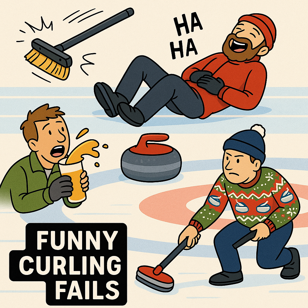 Cartoon of curlers laughing on the ice with a broken broom, spilled beer, and a player in an ugly Christmas sweater — celebrating the funniest curling fails of the year.