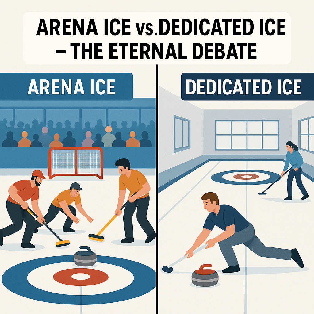 Split-scene illustration comparing curling on arena ice versus dedicated ice. The arena side shows curlers sweeping amid hockey boards and chaos, while the dedicated side features calm, perfect ice and precise delivery—representing the funny contrast in curling culture.