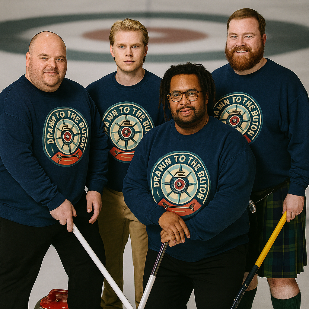 Happy curling team in Drawn to the Button design shirts celebrating on the ice, funny curling merchandise and bonspiel-ready team gear from CurlingIsFun.com.