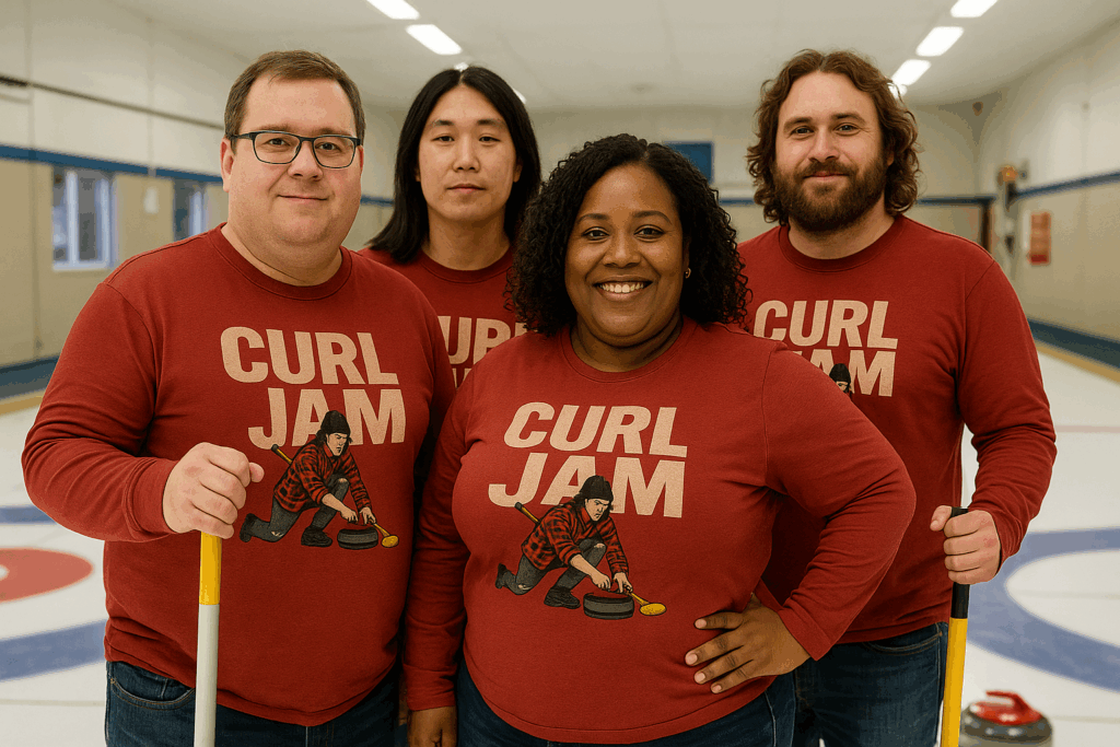 Group of curlers wearing Curl Jam curling shirts with 90s rock, posing on the ice and celebrating a win, custom curling team apparel from CurlingIsFun.com