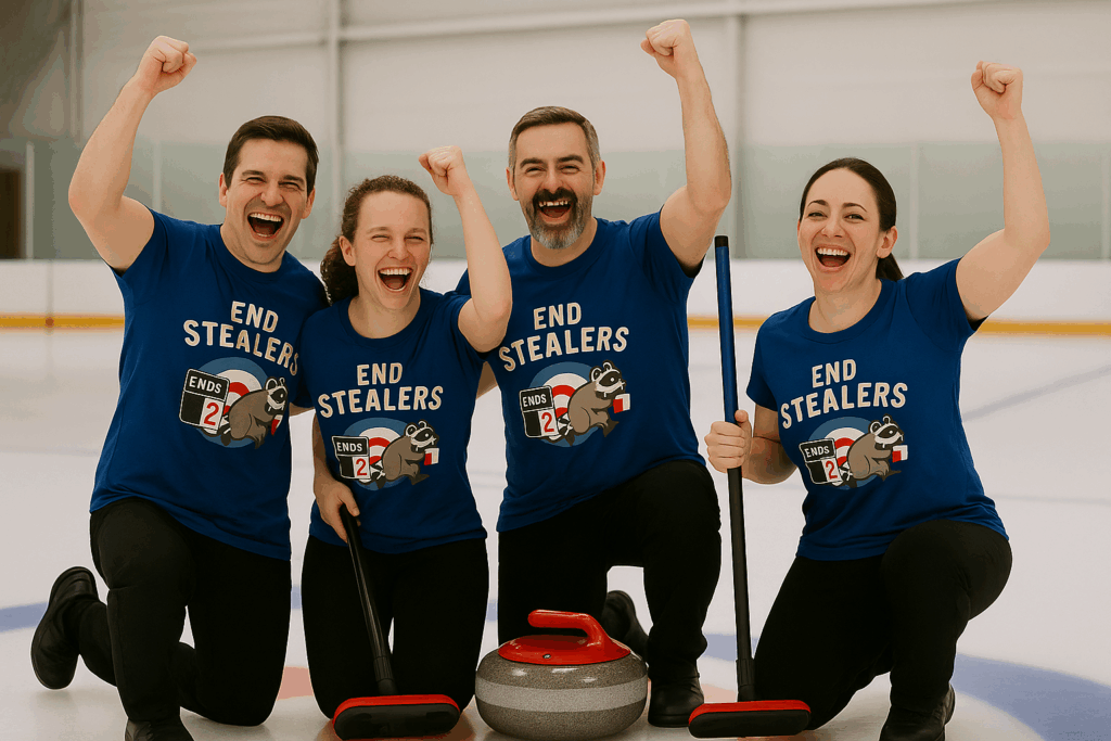 Curling team in blue End Stealers shirts cheering after a game, showcasing fun and humorous curling apparel available at CurlingIsFun.com.