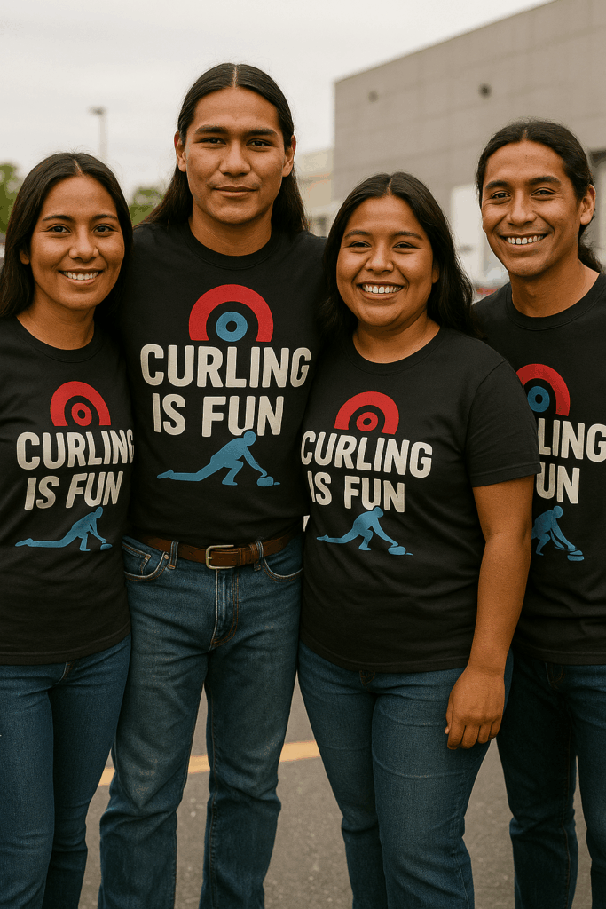 Group of four smiling friends wearing matching black ‘Curling Is Fun’ shirts, celebrating curling culture and team spirit outside a curling club — promoting funny curling merch and community pride.