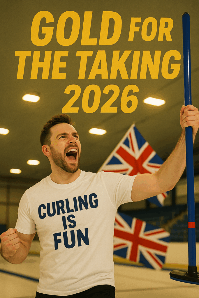 Male curler celebrating on the ice wearing a white 'Curling Is Fun' t-shirt, holding a broom with Union Jack flags in the background, bold text reading 'Gold for the Taking 2026' above. Perfect representation of Olympic curling spirit, funny curling shirts, and curling merch culture.