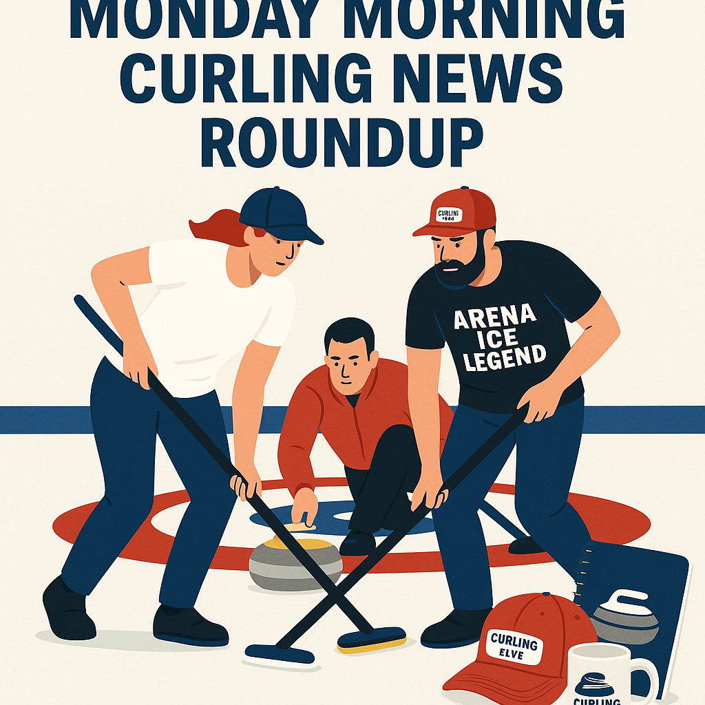 Illustration of curlers sweeping on arena ice for the CurlingIsFun.com Monday Morning Curling News Roundup. Features “Arena Ice Legend” merch and curling gear promoting the latest curling news, humor, and community updates.