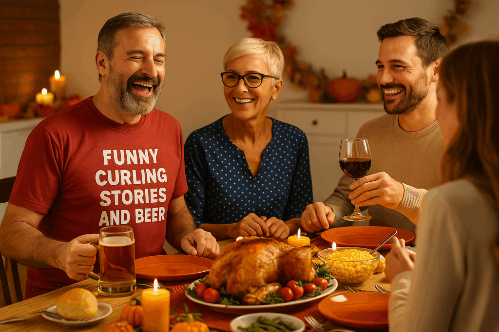 Four friends laugh around a cozy Thanksgiving dinner table, one wearing a “Funny Curling Stories and Beer” shirt — capturing the humor and warmth of curling culture at holiday gatherings.