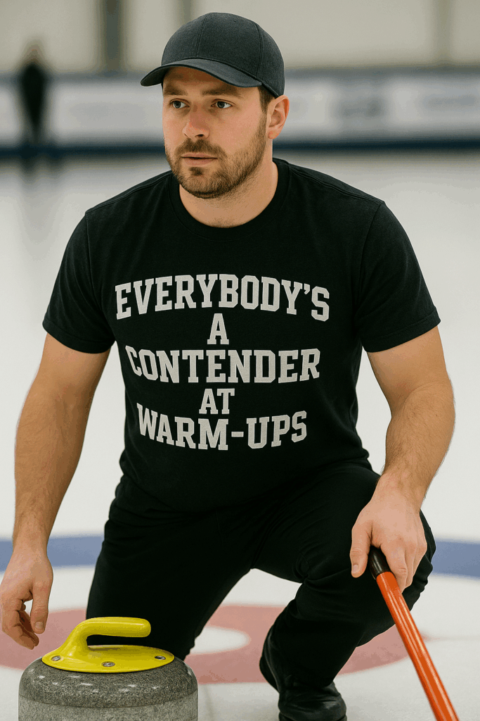 A male curler kneeling on the ice during warm-ups, wearing a black t-shirt that reads “Everybody’s a Contender at Warm-Ups.” He’s holding a broom and preparing to throw a curling stone at an indoor curling rink. The photo captures the focused energy and humor of competitive curling, promoting apparel from CurlingIsFun.com.