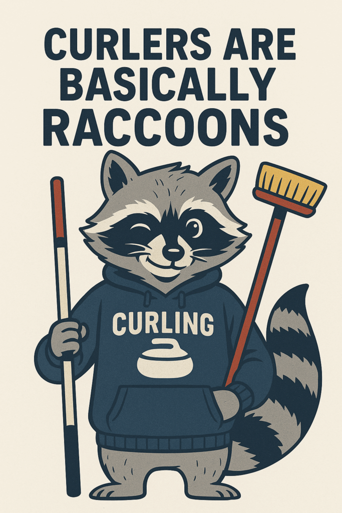 Cartoon raccoon wearing a navy curling hoodie, holding a broom, and winking with a playful grin. The design features bold text reading ‘Curlers Are Basically Raccoons,’ blending curling humor and raccoon mischief in a fun, vintage-inspired illustration.
