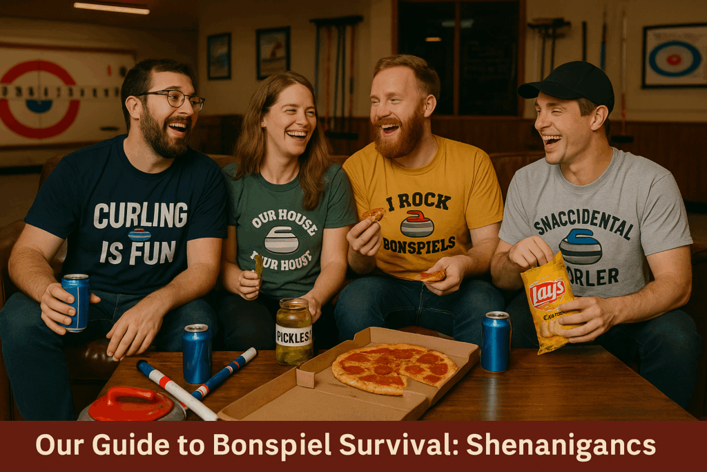 Four curlers laughing in a curling club lounge after a bonspiel, surrounded by snacks and brooms, wearing funny curling shirts that say ‘Curling Is Fun,’ ‘I Rock Bonspiels,’ ‘Our House Your House,’ and ‘Snaccidental Curler.’ Perfect image for curling culture, funny curling shirts, and bonspiel merch.