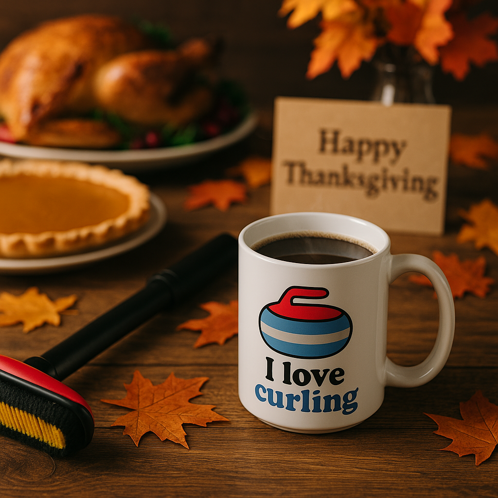Cozy Thanksgiving scene with an ‘I Love Curling’ coffee mug, curling broom, pumpkin pie, and roasted turkey surrounded by autumn leaves — celebrating curling culture, holiday relaxation, and curling merch gift ideas.