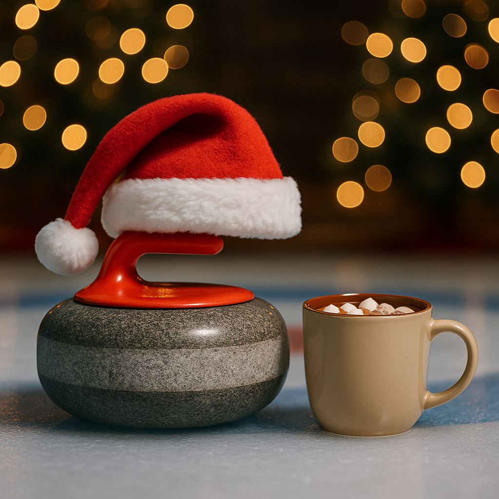 Curling stone wearing a Santa hat beside a mug of hot cocoa with marshmallows on an ice sheet, surrounded by glowing Christmas lights — symbolizing warmth, joy, and community in curling culture during the holidays.