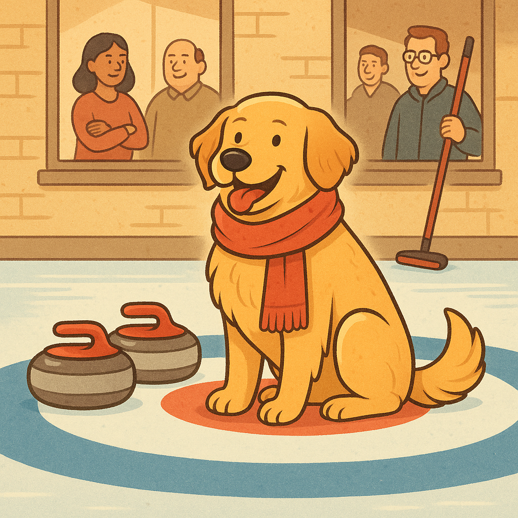 Cartoon illustration of a golden retriever wearing a red scarf sitting happily on a curling sheet beside curling stones, with curlers smiling and chatting in a warm room in the background.