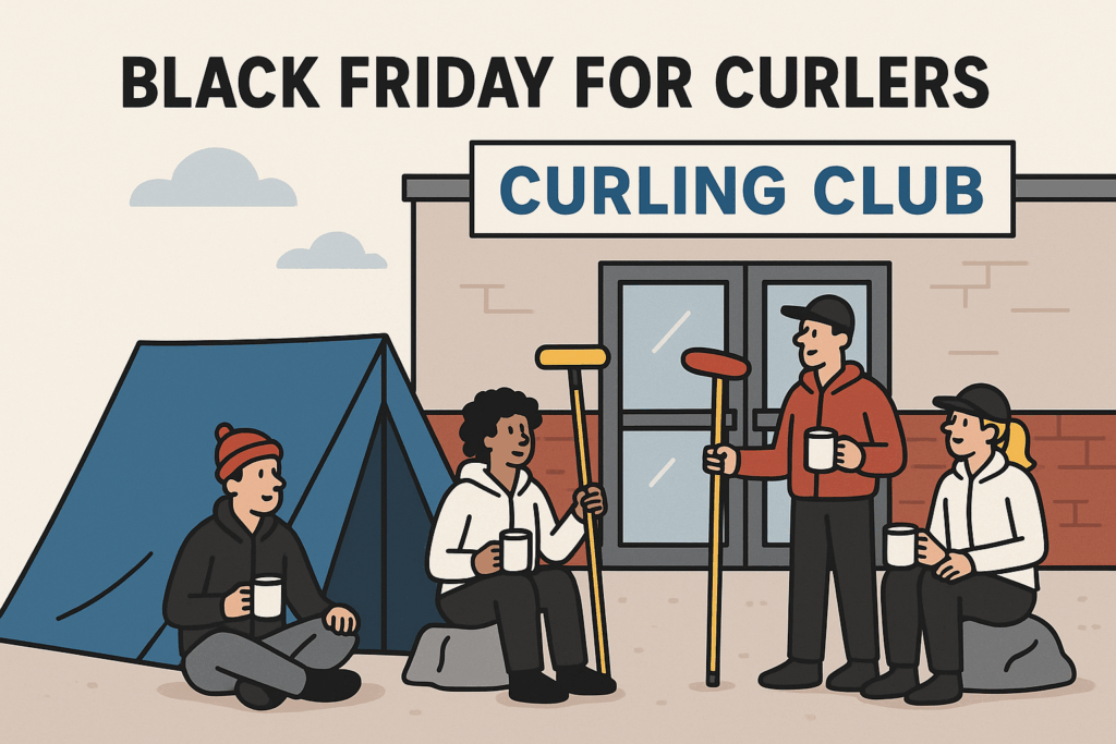 A funny illustrated look at “Black Friday for Curlers,” featuring curlers camping outside a club for broom and merch deals. Perfect for curling fans who love humor and culture.