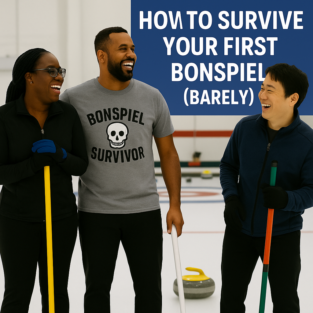 A diverse group of three curlers smiling and laughing on the ice after a bonspiel game, one wearing a gray “Bonspiel Survivor” shirt with a skull design, standing with brooms near curling stones. Text overlay reads “How to Survive Your First Bonspiel (Barely).”