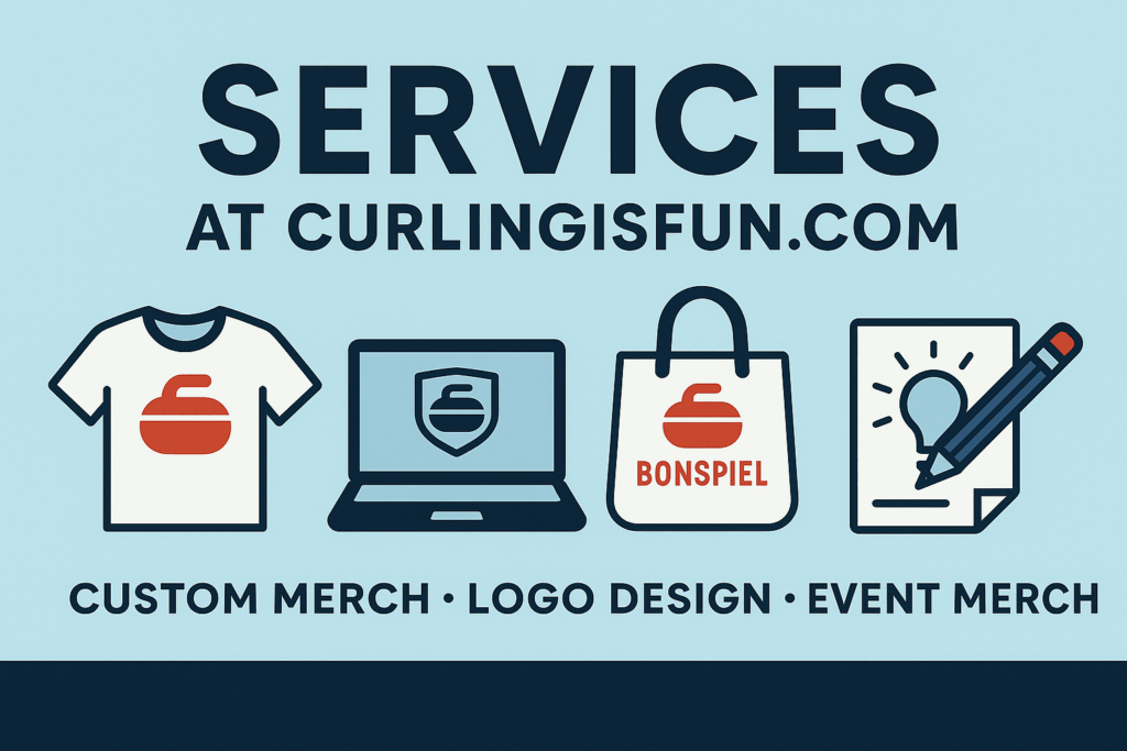 Flat design banner featuring curling themed service icons including a shirt, laptop, tote bag and design sketch, with the headline Services at CurlingIsFun.com promoting custom merch, logo design and bonspiel event apparel.