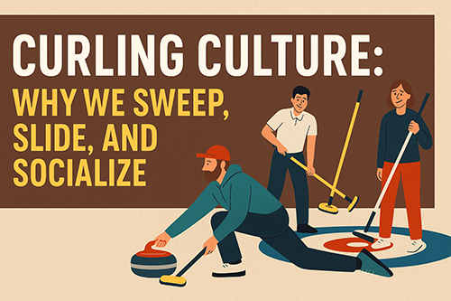 Illustration of curlers sweeping and sliding on the ice, celebrating curling culture and teamwork with friendly expressions and curling brooms, representing the spirit of curling and curling merch from CurlingIsFun.com.