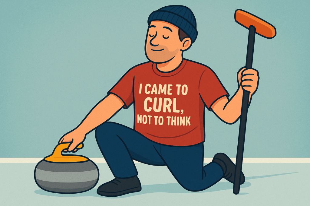 Illustration of a relaxed curler kneeling on the ice, wearing a red shirt that says “I Came to Curl, Not to Think,” holding a broom beside a curling stone on a blue rink background.