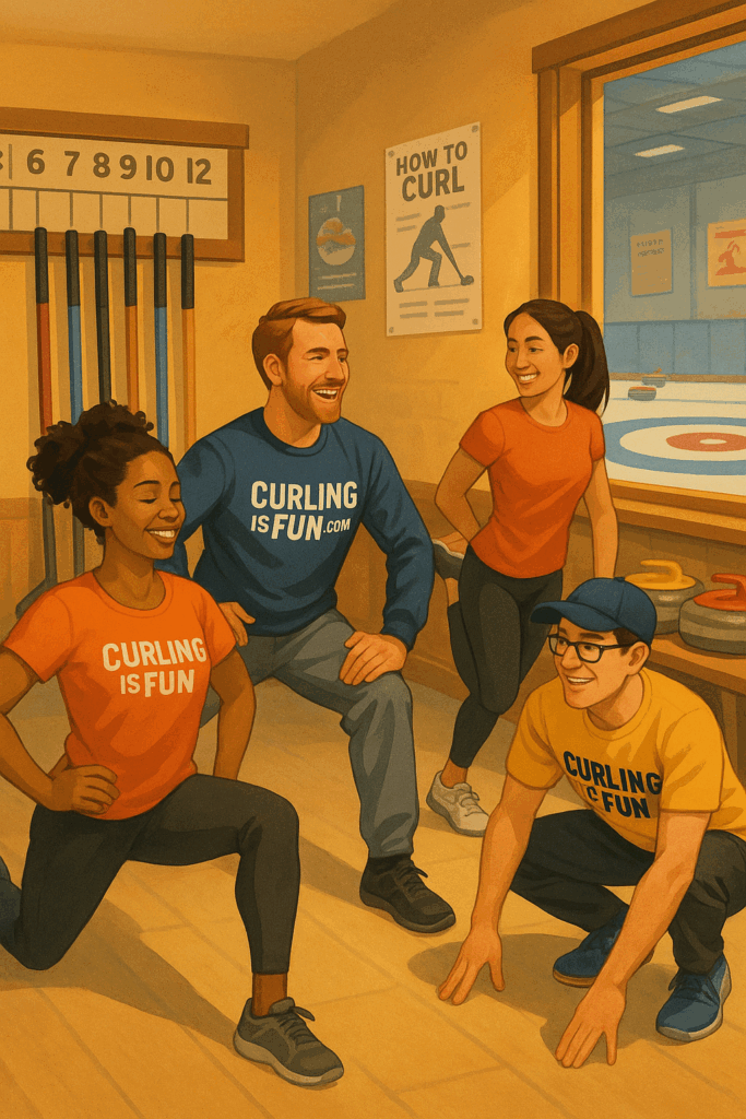 Group of diverse curlers stretching and warming up in a curling club hallway, practicing lunges and hip mobility drills while wearing curling-themed apparel, with brooms and curling rocks in the background.”
