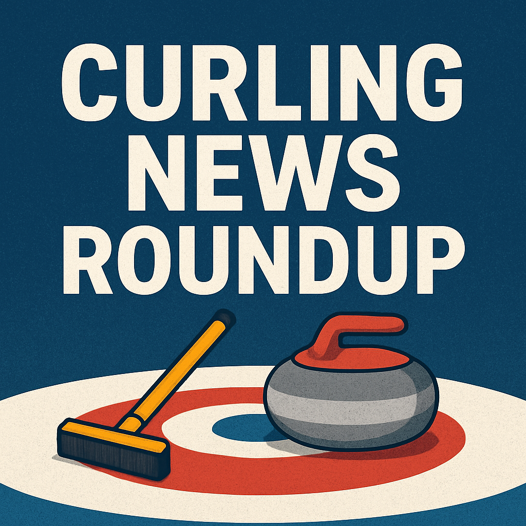 Illustrated graphic showing the words "Curling News Roundup" above a curling stone on the house and a broom on the ice, used as the feature image for a weekly curling news recap.