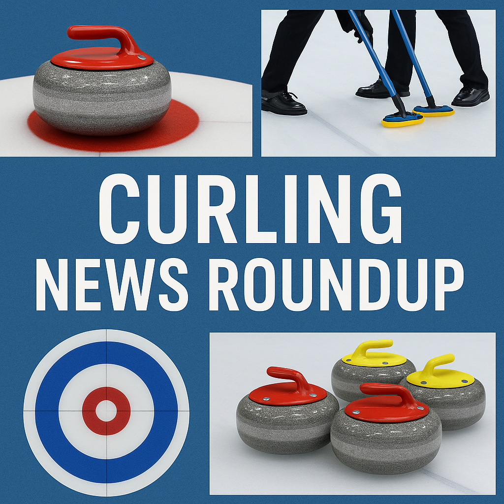 Collage featuring curling stones, sweeping action, a curling house target, and bold text reading Curling News Roundup, designed for a weekly curling blog post.