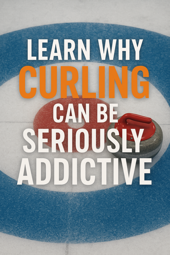 A curling stone sitting on the house with bold text reading Learn Why Curling Can Be Seriously Addictive, capturing the energy and excitement of curling culture.
