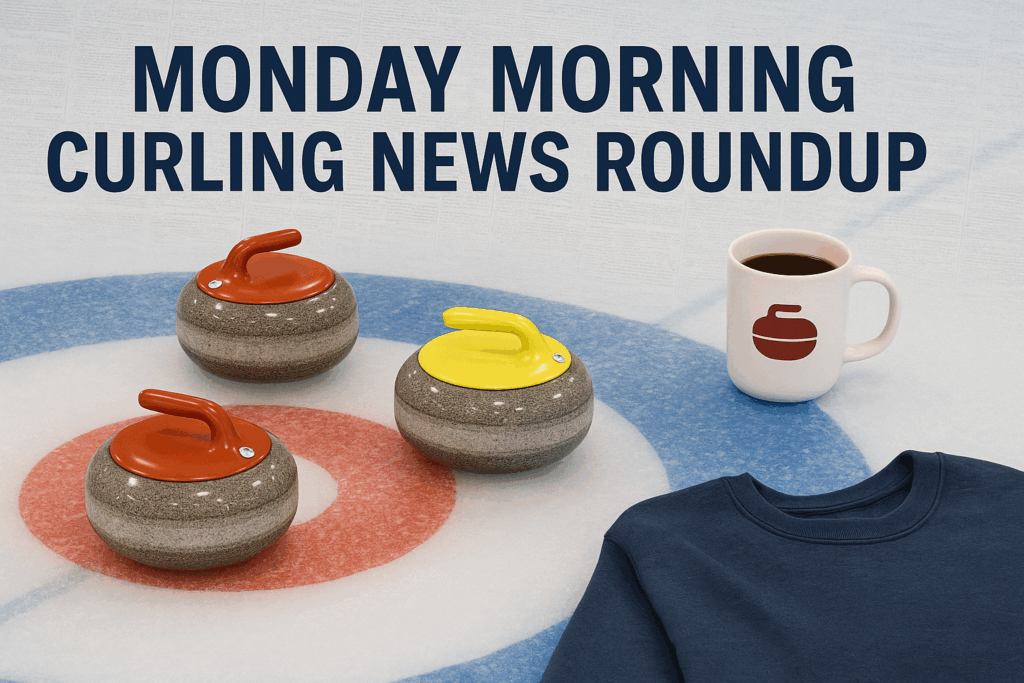 Curling stones on a sheet with a morning coffee mug and subtle newspaper graphics, representing the Monday Morning Curling News Roundup on CurlingIsFun.com.