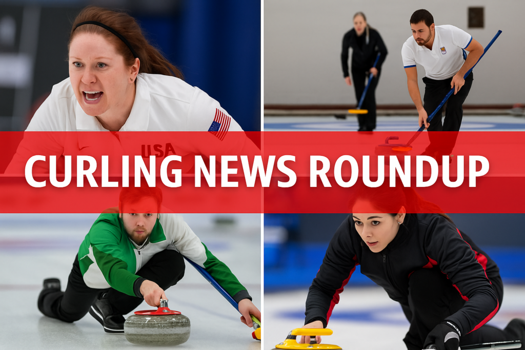 Curlers competing on the ice during major events including Olympic qualification, mixed doubles matches, and local bonspiels, representing the latest curling news and curling culture.