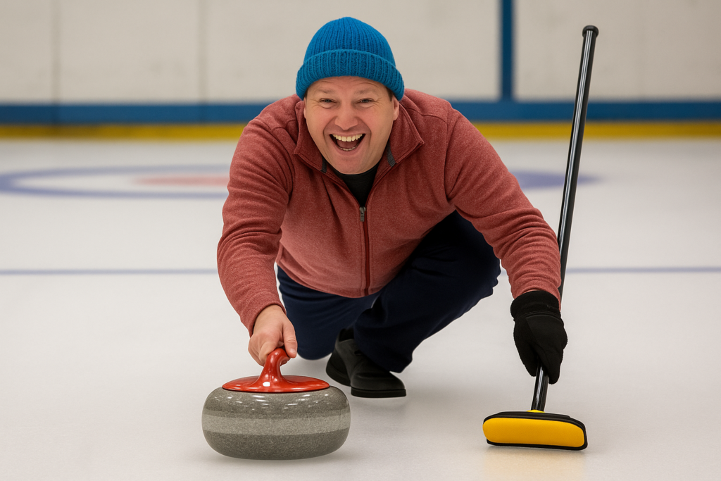 Smiling curler in a red sweater and blue beanie sliding a curling stone on the ice, representing the happiness and camaraderie of curling.