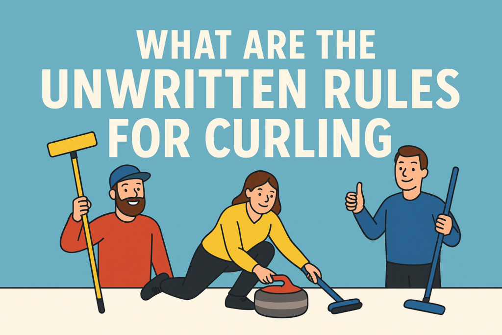 Illustrated curlers smiling and posing on the ice beneath the title “What Are the Unwritten Rules for Curling,” featuring a sweeper holding a broom, a player delivering a stone, and another curler giving a thumbs up.