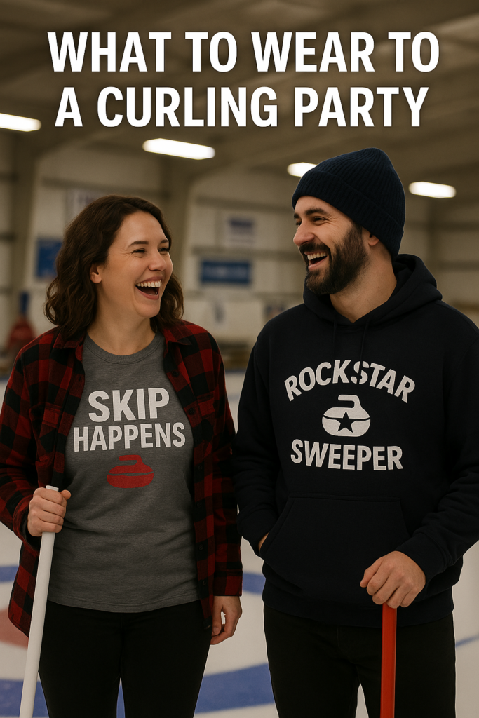 Two curlers laughing on the ice while wearing funny curling shirts and casual layers at a curling party.
