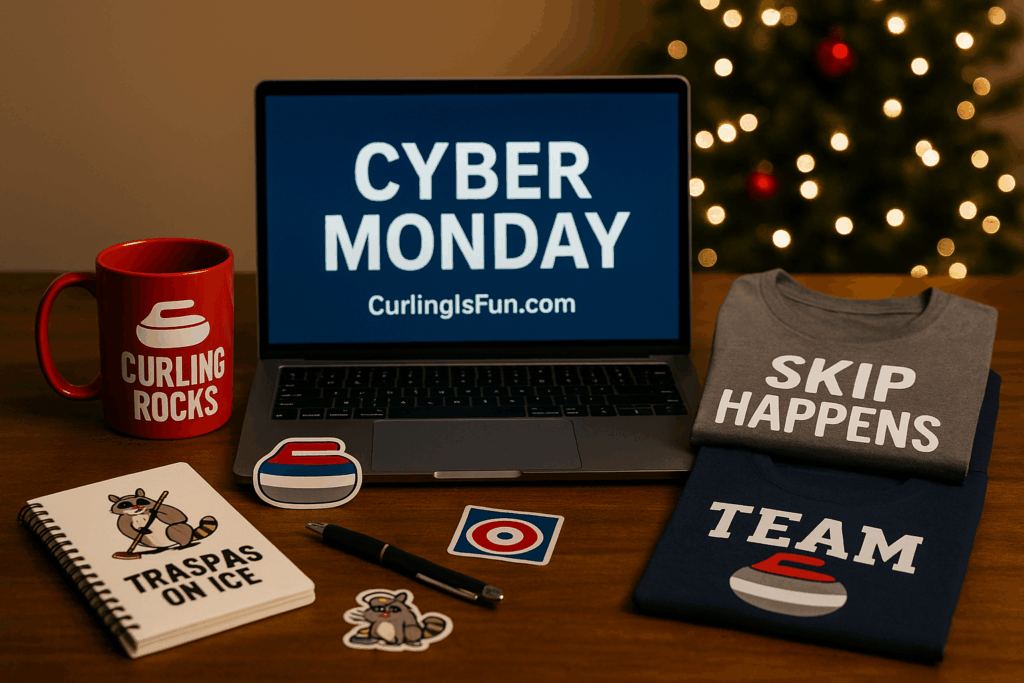 Cyber Monday curling merch display with laptop showing CurlingIsFun.com sale, curling mugs, shirts, stickers, and notebooks — perfect online gifts for curlers during the holiday season.